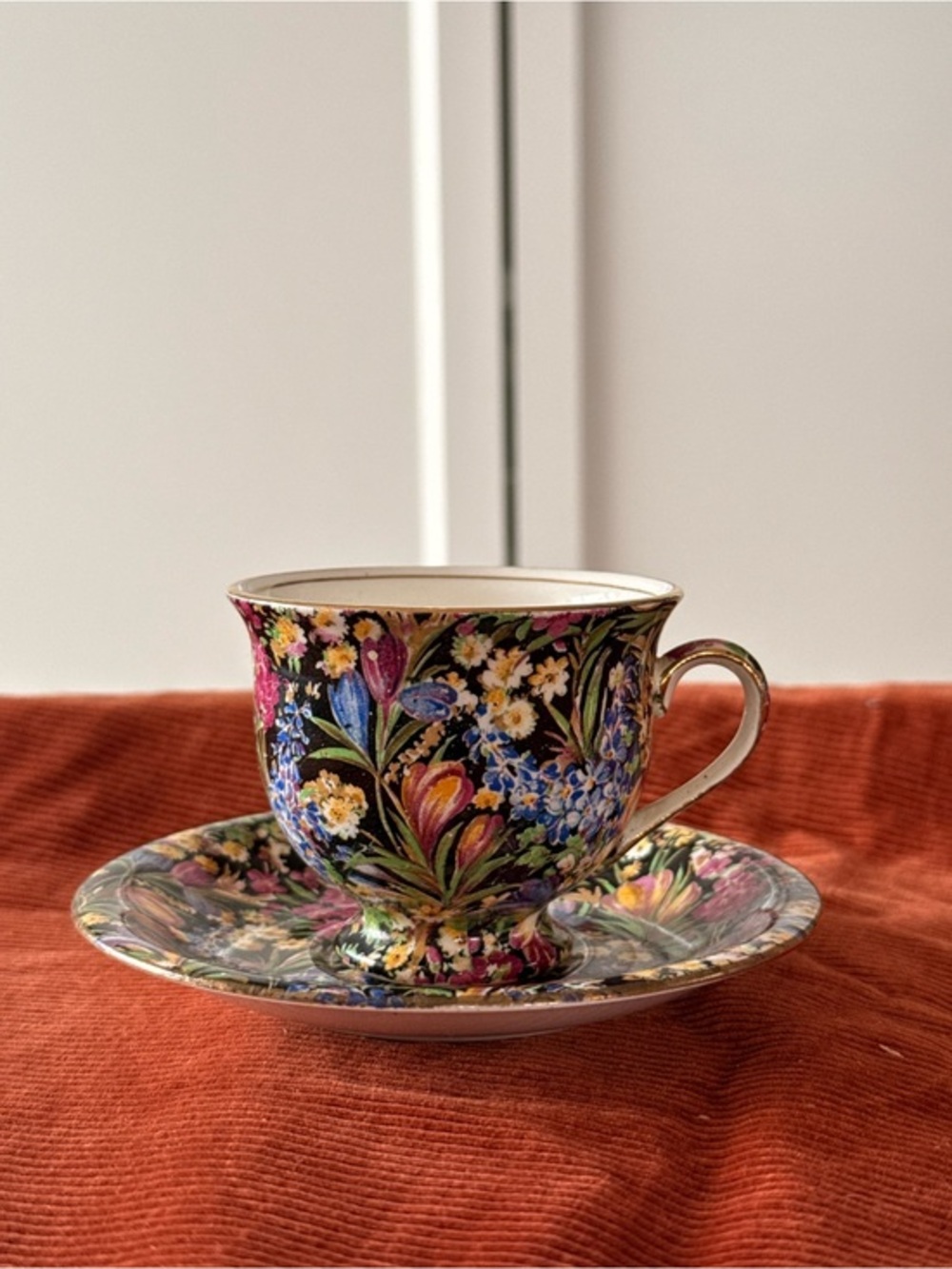Vintage Royal Winton English Chintz Tea Cup & Saucer Set - Floral Black Ground